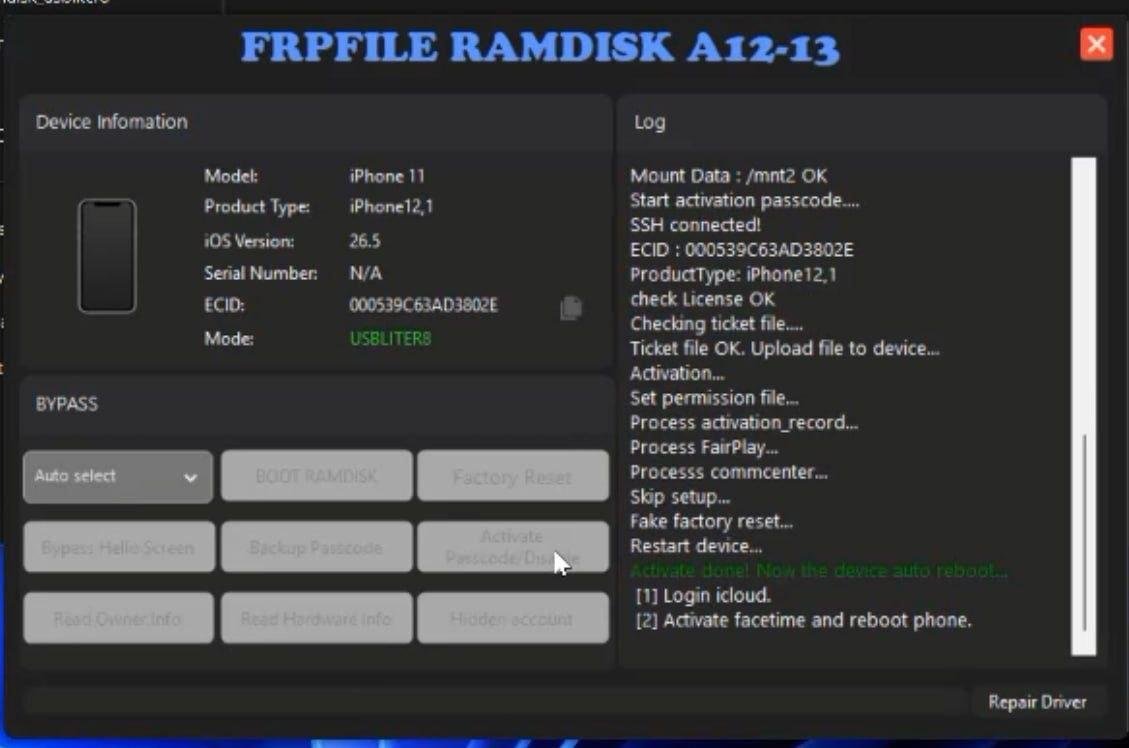 #7876 FRPFILE Ramdisk for A12 Bypass Passcode, Read Owner, Hardware Info, Hidden Account